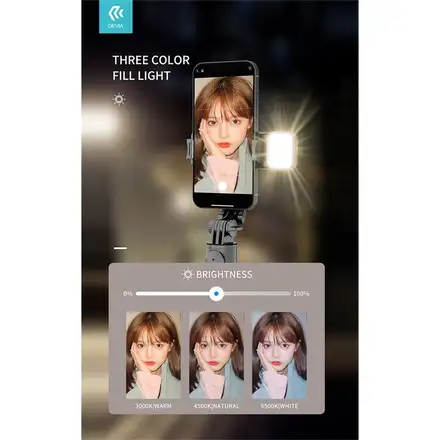 Devia Tripod Stand Multi-function Selfie Bar With Fill-In Light - Black *Rozbalený*