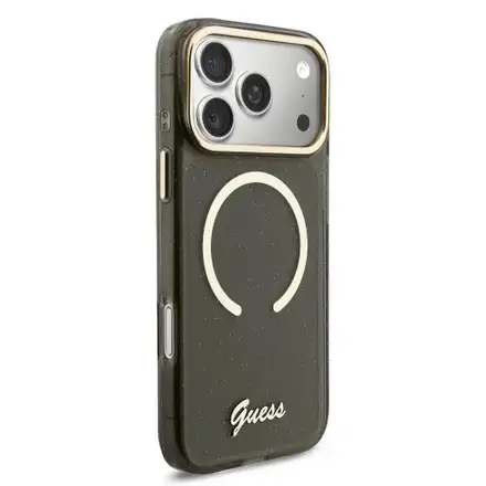 Guess IML Glitter Script Strap MagSafe kryt iPhone 17 Pro Max čierny