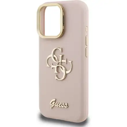 Guess PU Grained 4G Logo Stand Camera Frame kryt iPhone 15 Pro Max ružový