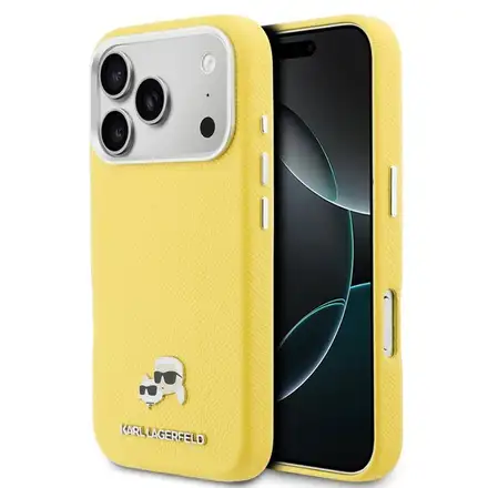 Karl Lagerfeld PU Karl and Choupette Heads Pins MagSafe kryt iPhone 17 Pro žltý