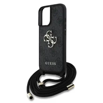 Guess PU 4G Metal Logo Crossbody Popruh kryt iPhone 16 čierny
