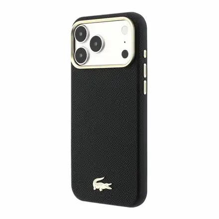 Lacoste PU Leather Champs Elysees Gold Logo MagSafe kryt iPhone 18 Pro čierny