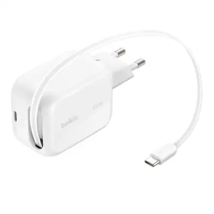 Belkin Ultra Charge USB-C GaN Wall Charger 45W + Retractabe Cable 1m - White