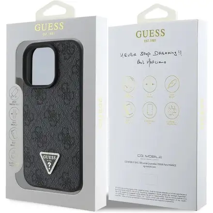 Guess PU 4G Strass Triangle Metal Logo kryt iPhone 16 Pro čierny
