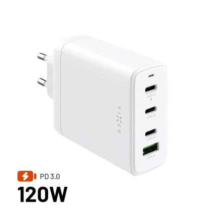 FIXED Sieťová GaN nabíjačka s 3xUSB-C a USB výstupom a podporou PD 3.0, 120W, biela