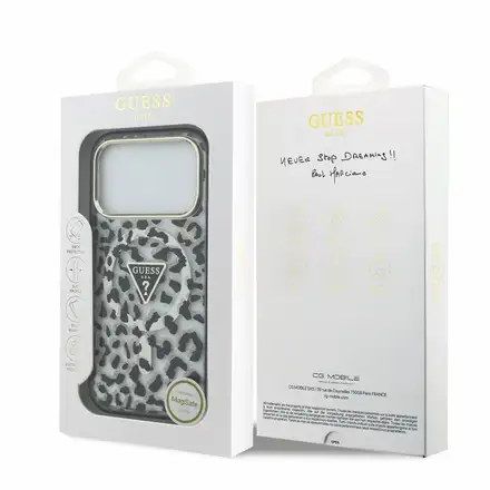 Guess IML Glitter Leopard Triangle Logo MagSafe kryt iPhone 18 Pro čierny