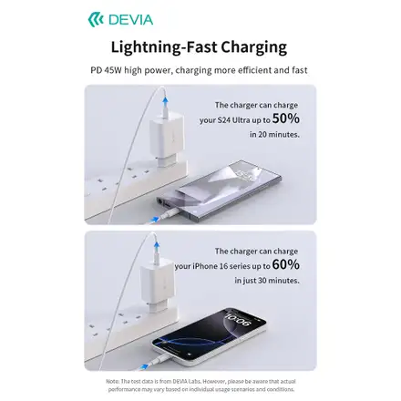 Devia sieťová nabíjačka Rocket Series PD Quick Charger 45W + Cable - White