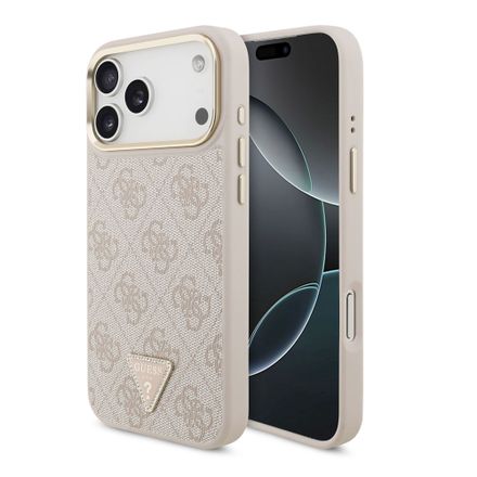 Guess PU Leather 4G Strass Triangle Logo Gold Frame MagSafe kryt iPhone 18 Pro Max ružový