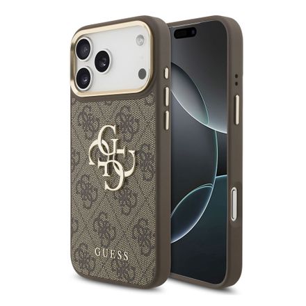 Guess PU Leather 4G Metal Logo Gold Frame kryt iPhone 18 Pro Max hnedý
