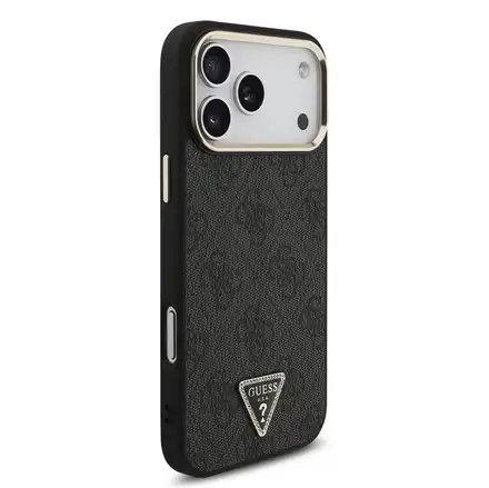 Guess PU Leather 4G Strass Triangle Logo Gold Frame MagSafe kryt iPhone 18 Pro čierny