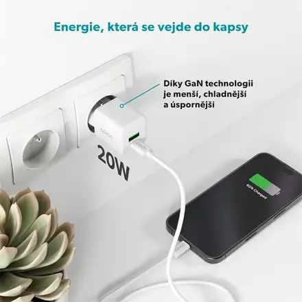 iStores by Epico Ultraboost GaN 20W sieťový adaptér EA20 s 1,2 m USB-C na USB-C kablom - biela