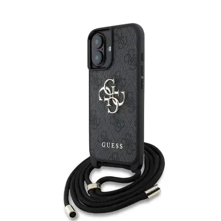 Guess PU 4G Metal Logo Crossbody Popruh kryt iPhone 16 čierny