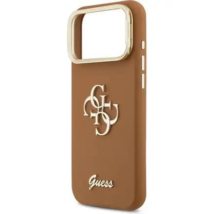 Guess PU Grained 4G Logo Stand Camera Frame kryt iPhone 17 Pro Max hnedý