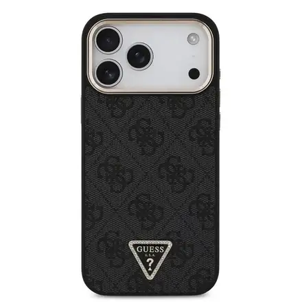 Guess PU Leather 4G Strass Triangle Logo Gold Frame MagSafe kryt iPhone 18 Pro Max čierny