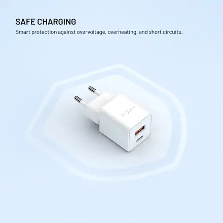 FIXED GaN Mini Sieťová nabíjačka s USB-C a USB výstupom a podporou PD, 30W, biela