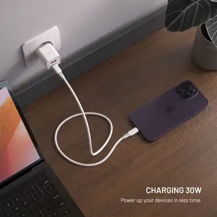 FIXED GaN Mini Sieťová nabíjačka s USB-C a USB výstupom a podporou PD, 30W, biela