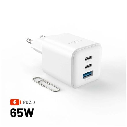 FIXED GaN Mini Sieťová nabíjačka s 2xUSB-C a USB výstupom a podporou PD, 65W, biela