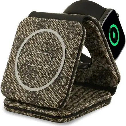 Guess PU 4G MagSafe Bezdrôtová Nabíjačka 3v1 hnedá