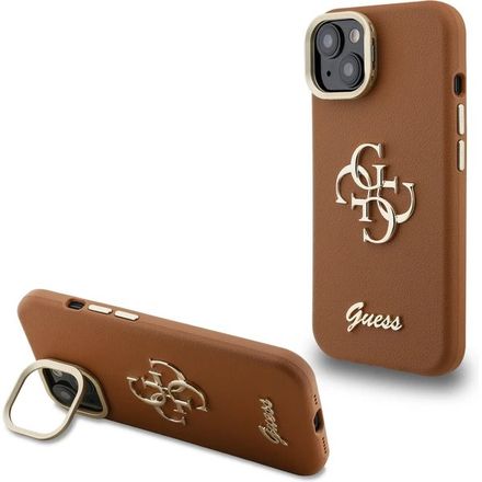 Guess PU Grained 4G Logo Stand Camera Frame kryt iPhone 15 hnedý