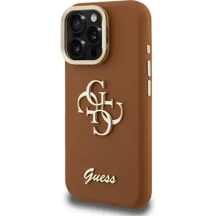 Guess PU Grained 4G Logo Stand Camera Frame kryt iPhone 15 Pro hnedý