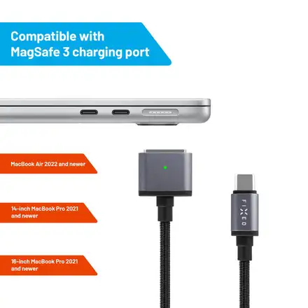 FIXED kábel USB-C/MagSafe 3, 2m, 140W, sivý