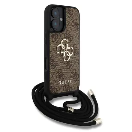 Guess PU 4G Metal Logo Crossbody Popruh kryt iPhone 16 hnedý