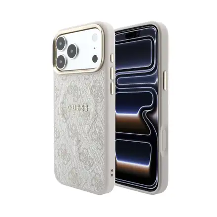 Guess PU Leather 4G Gold Frame Embossed MagSafe kryt iPhone 18 Pro ružový