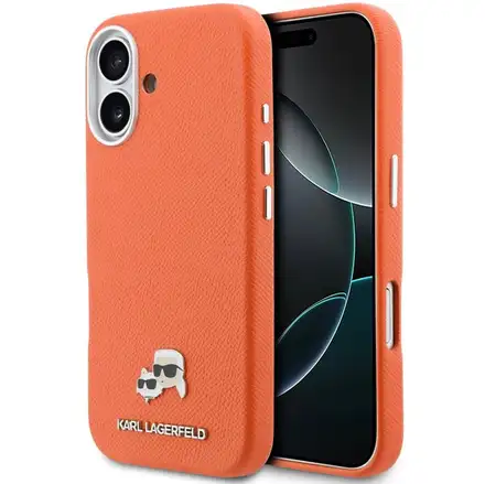 Karl Lagerfeld PU Karl and Choupette Heads Pins MagSafe kryt iPhone 17 oranžový