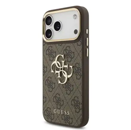 Guess PU Leather 4G Metal Logo Gold Frame kryt iPhone 18 Pro Max hnedý