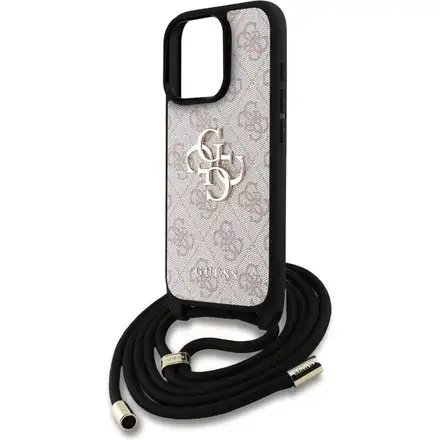 Guess PU 4G Metal Logo Crossbody Popruh kryt iPhone 15 Pro Max ružový