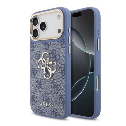 Guess PU Leather 4G Metal Logo Gold Frame kryt iPhone 18 Pro Max modrý