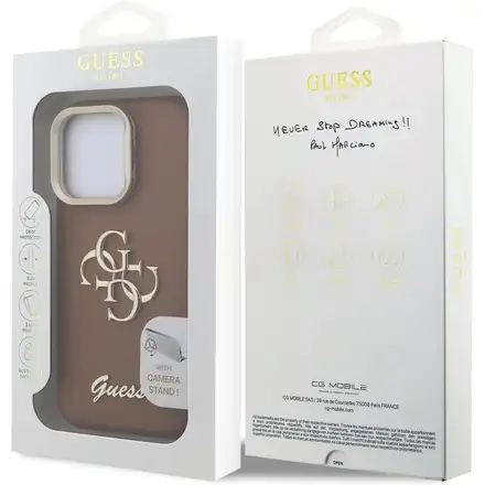Guess PU Grained 4G Logo Stand Camera Frame kryt iPhone 15 Pro Max hnedý