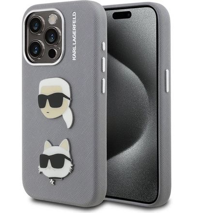 Karl Lagerfeld Grained PU K&CH Heads kryt iPhone 15 Pro šedý