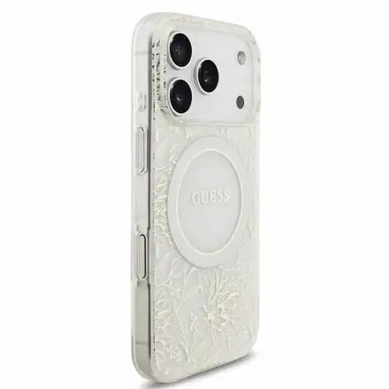 Guess IML Flowers Allover Strap MagSafe kryt iPhone 18 Pro biely