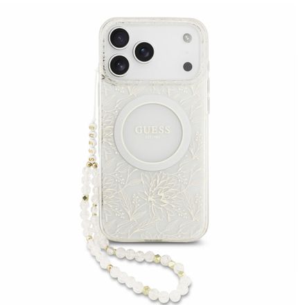 Guess IML Flowers Allover Strap MagSafe kryt iPhone 18 Pro Max biely