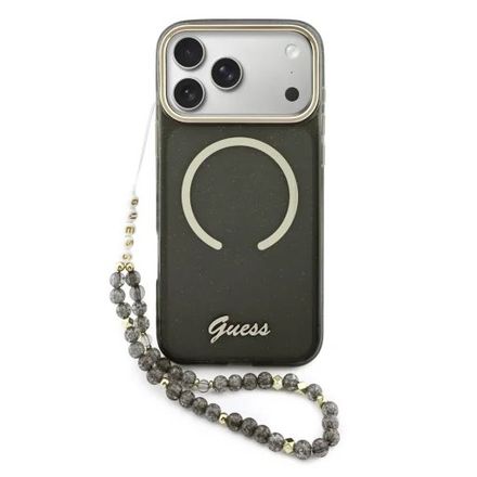 Guess IML Glitter Script Strap MagSafe kryt iPhone 17 Pro čierny