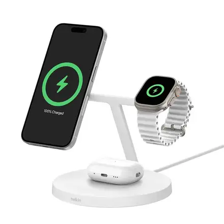 Belkin Boost Charge Pro 3-in-1 Magnetic Wireless Charging Stand with Qi2 15W - White