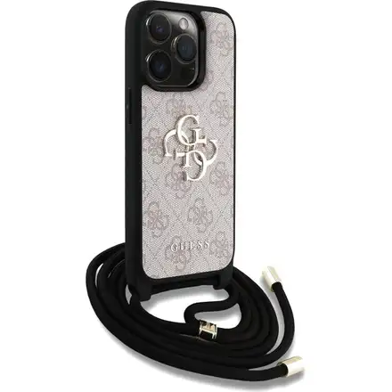 Guess PU 4G Metal Logo Crossbody Popruh kryt iPhone 15 Pro ružový