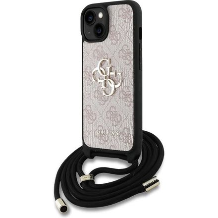 Guess PU 4G Metal Logo Crossbody Popruh kryt iPhone 15 ružový