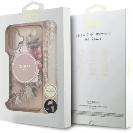 Guess IML Flowers Strap MagSafe kryt iPhone 17 ružový