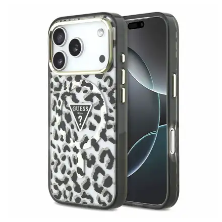 Guess IML Glitter Leopard Triangle Logo MagSafe kryt iPhone 18 Pro Max čierny