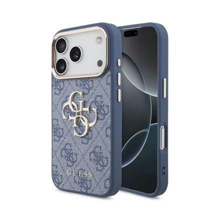 Guess PU Leather 4G Metal Logo Gold Frame kryt iPhone 18 Pro modrý