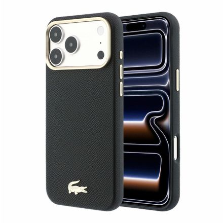 Lacoste PU Leather Champs Elysees Gold Logo MagSafe kryt iPhone 18 Pro čierny