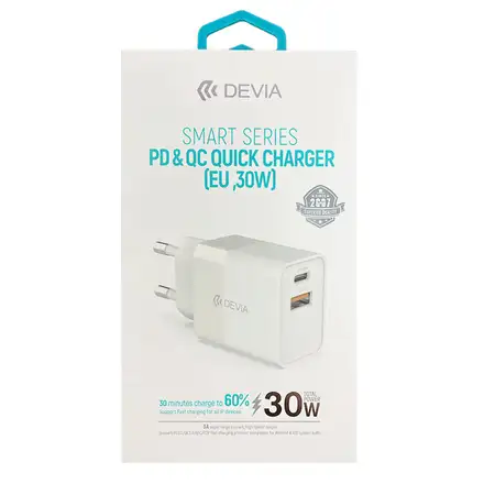 Devia sieťová nabíjačka Smart series PD&QC Quick Charger 30W - White