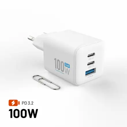 FIXED GaN Mini Sieťová nabíjačka s 2xUSB-C a USB výstupom a podporou PD, 100W, biela