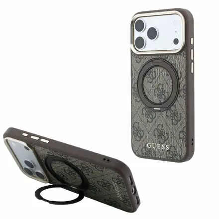 Guess PU 4G Ring Stand MagSafe kryt iPhone 18 Pro Max hnedý