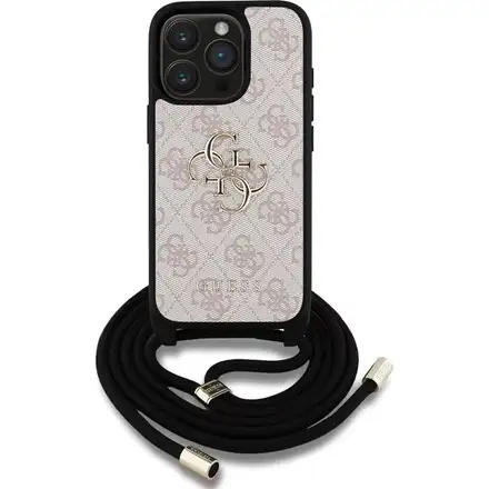 Guess PU 4G Metal Logo Crossbody Popruh kryt iPhone 15 Pro Max ružový