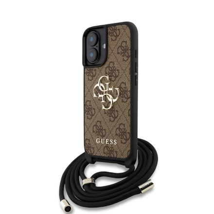 Guess PU 4G Metal Logo Crossbody Popruh kryt iPhone 16 hnedý