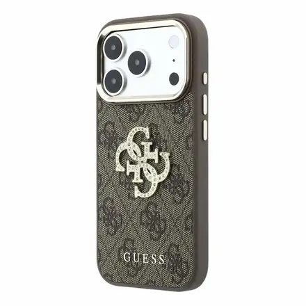 Guess PU 4G Strass Metal Logo kryt iPhone 18 Pro hnedý