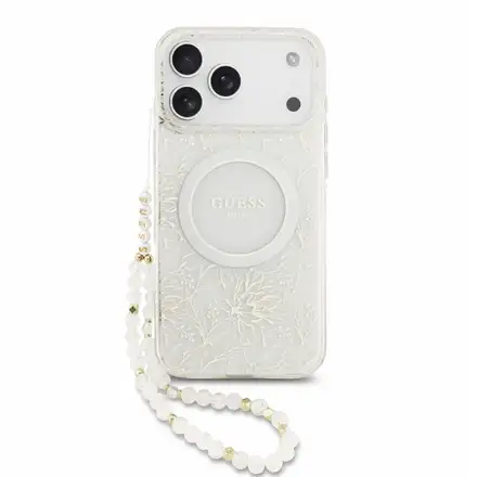Guess IML Flowers Allover Strap MagSafe kryt iPhone 18 Pro Max biely